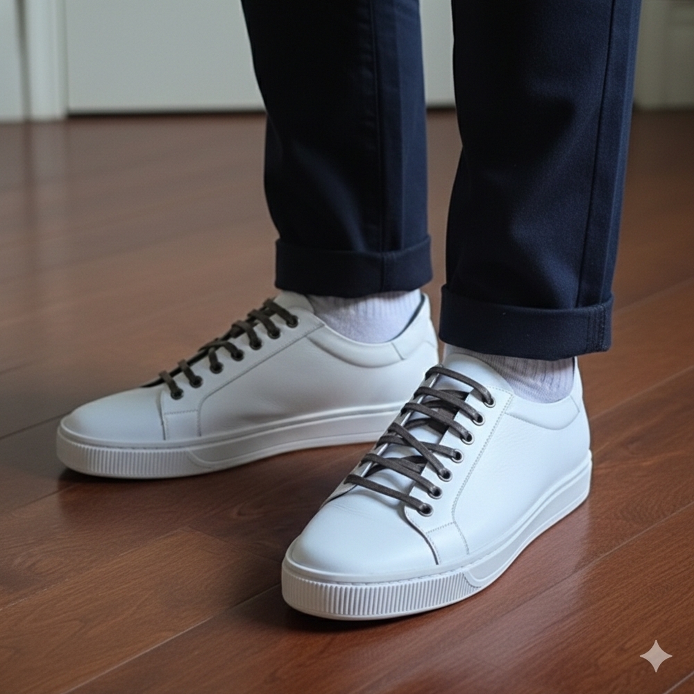 NIB Baccus Shoemaker White Leather Sneakers – Brown Lace Detail